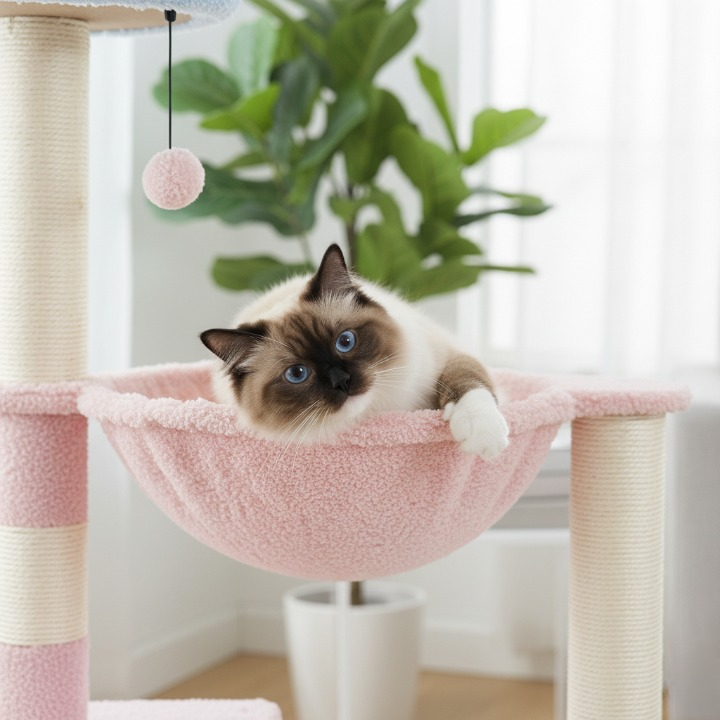 Arbre à chat fleur rose avec hamac et griffoirs en sisal