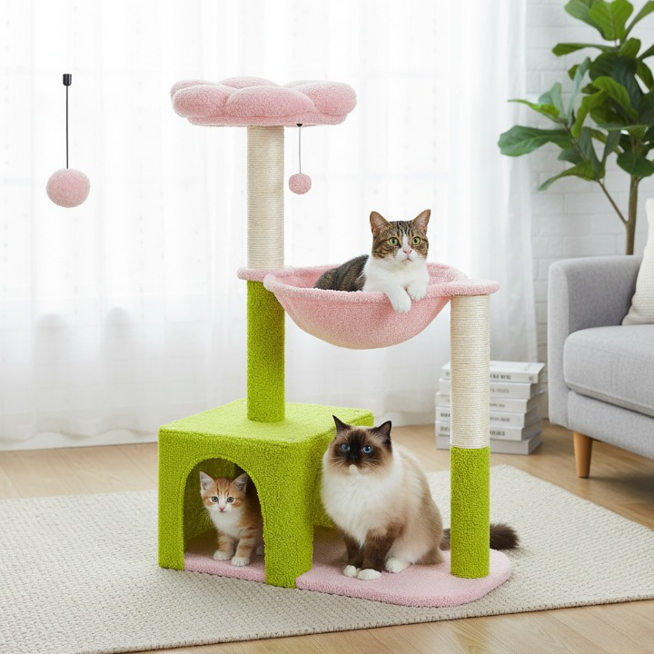Arbre à chat moderne style fleur avec griffoirs et hamac