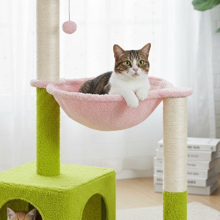 Arbre à chat moderne style fleur avec griffoirs et hamac