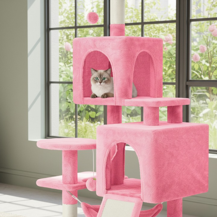 Grand arbre à chat rose 137 cm avec hamac et cachettes