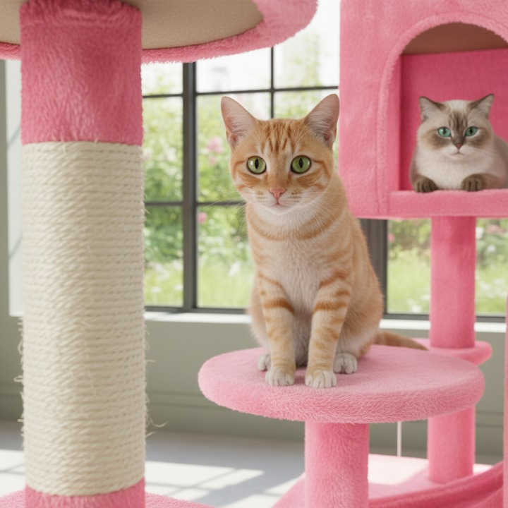 Grand arbre à chat rose 137 cm avec hamac et cachettes