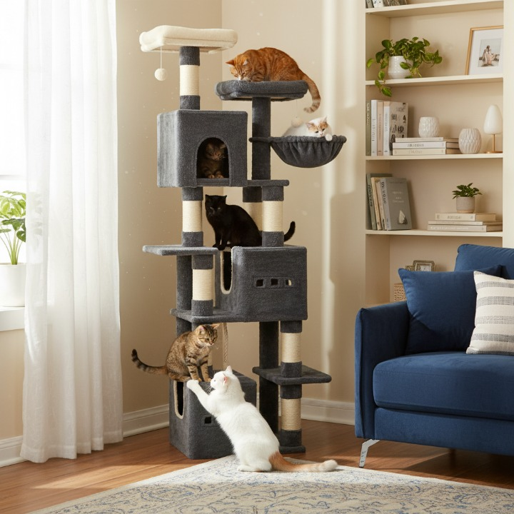 Arbre à chat XXL noir 193 cm avec griffoirs, plateformes et hamac