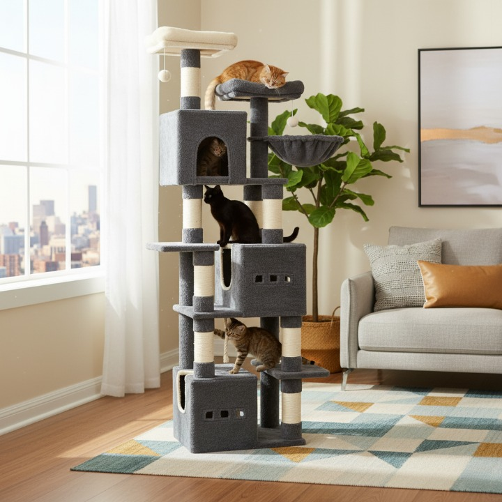 Arbre à chat XXL noir 193 cm avec griffoirs, plateformes et hamac