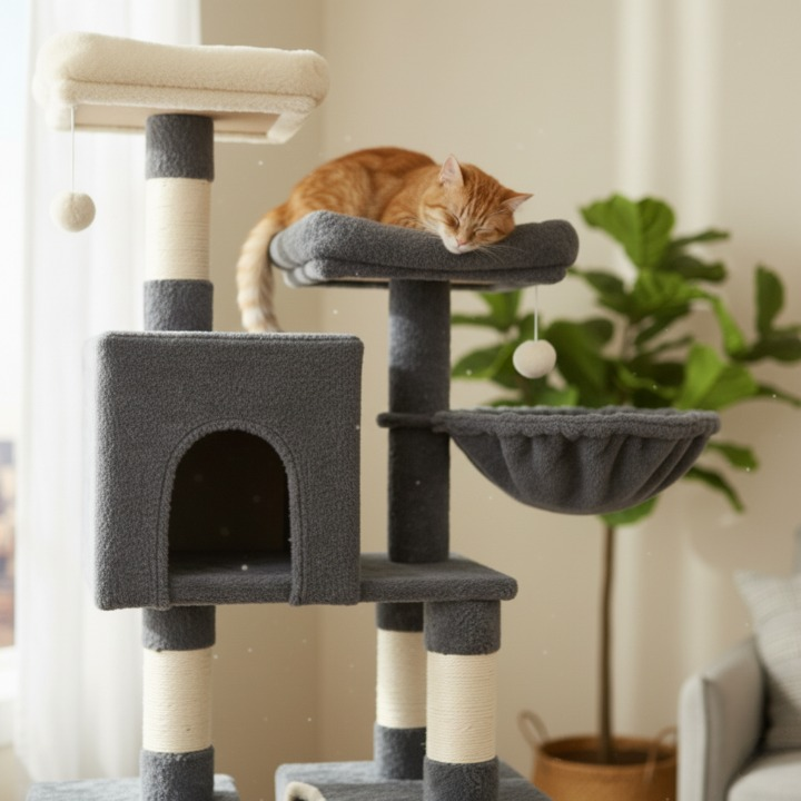 Arbre à chat XXL noir 193 cm avec griffoirs, plateformes et hamac