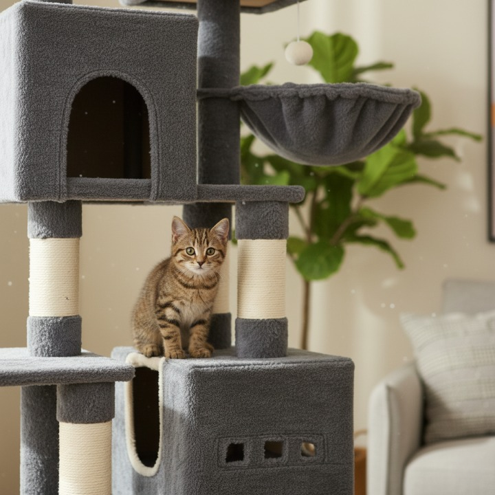 Arbre à chat XXL noir 193 cm avec griffoirs, plateformes et hamac