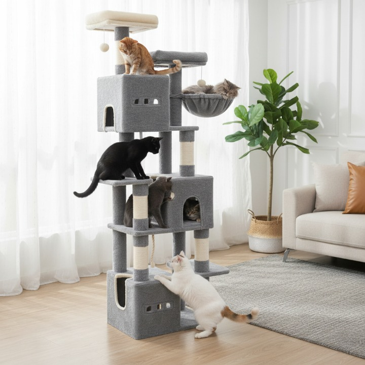 Arbre à chat XXL gris 193 cm avec griffoirs, plateformes et hamac