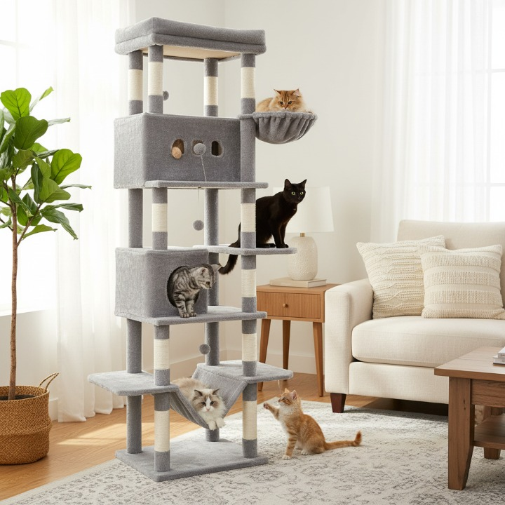 Arbre à chat XXL gris 210 cm avec maisonnette et griffoirs