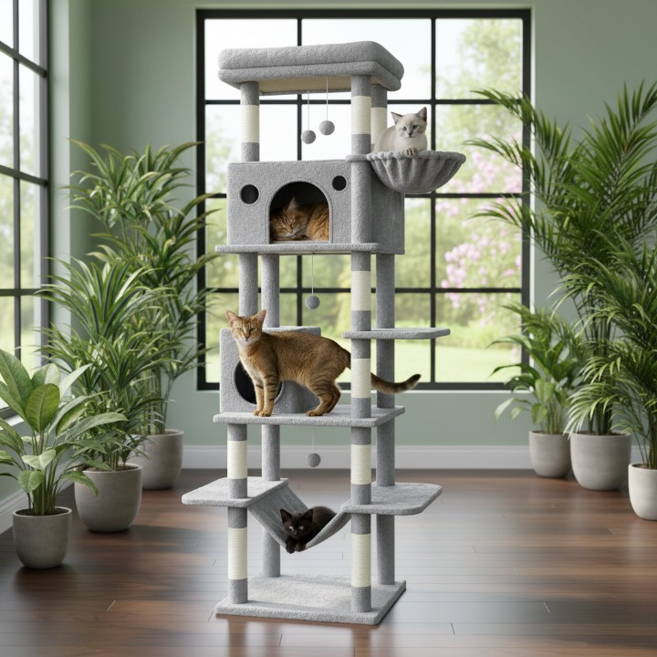 Arbre à chat XXL gris 210 cm avec maisonnette et griffoirs