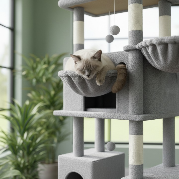 Arbre à chat XXL gris 210 cm avec maisonnette et griffoirs