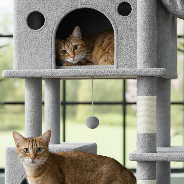 Arbre à chat XXL gris 210 cm avec maisonnette et griffoirs