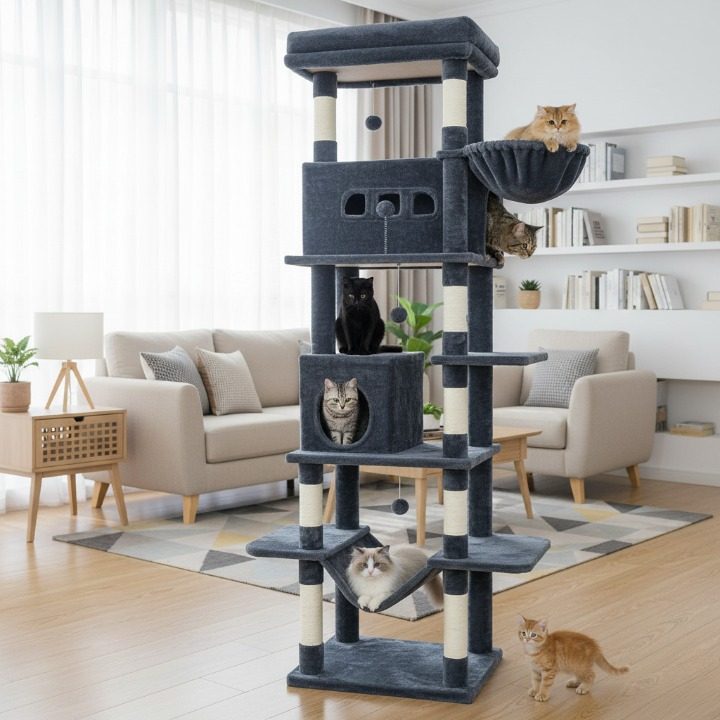 Arbre à chat XXL noir 210 cm avec maisonnette et griffoirs