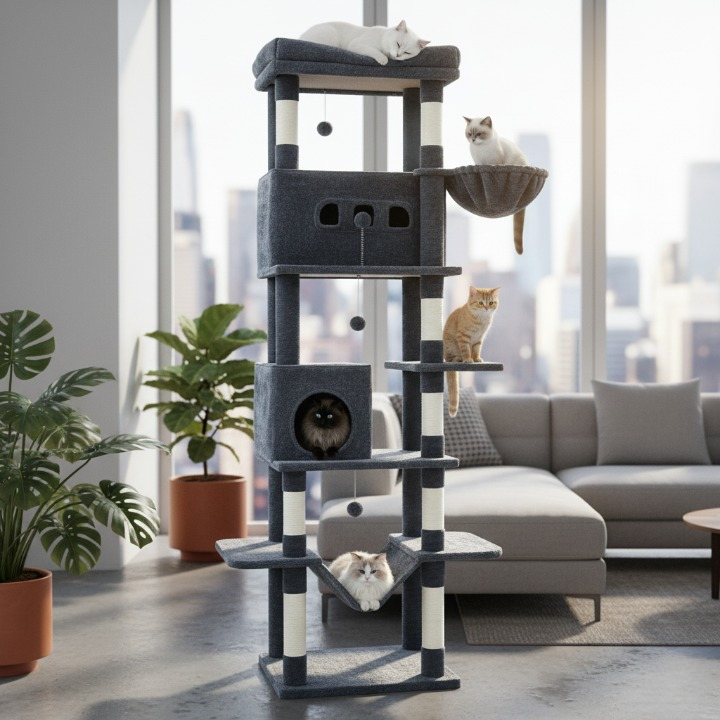 Arbre à chat XXL noir 210 cm avec maisonnette et griffoirs