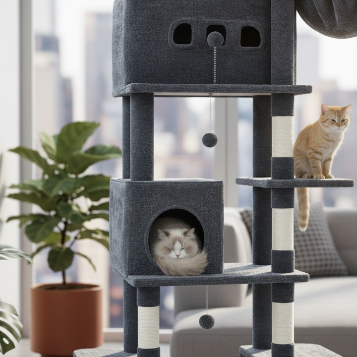 Arbre à chat XXL noir 210 cm avec maisonnette et griffoirs