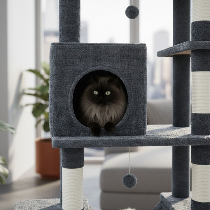 Arbre à chat XXL noir 210 cm avec maisonnette et griffoirs