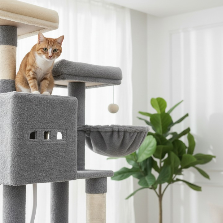 Arbre à chat XXL gris 193 cm avec griffoirs, plateformes et hamac