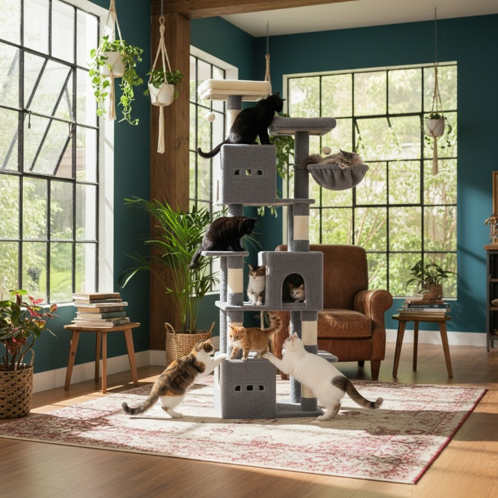 Arbre à chat XXL gris 193 cm avec griffoirs, plateformes et hamac