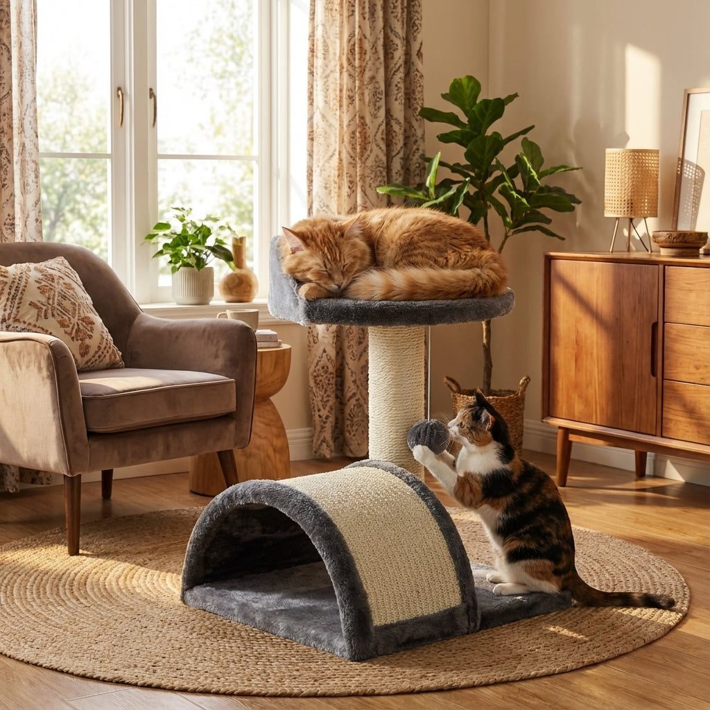 Petit arbre à chat gris 46 cm avec griffoir et poteau à gratter