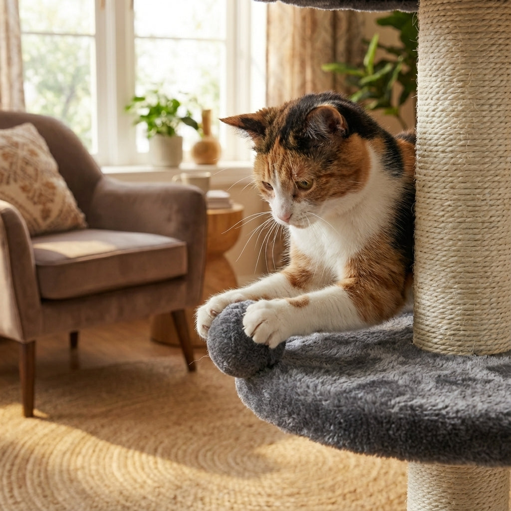 Petit arbre à chat gris 46 cm avec griffoir et poteau à gratter