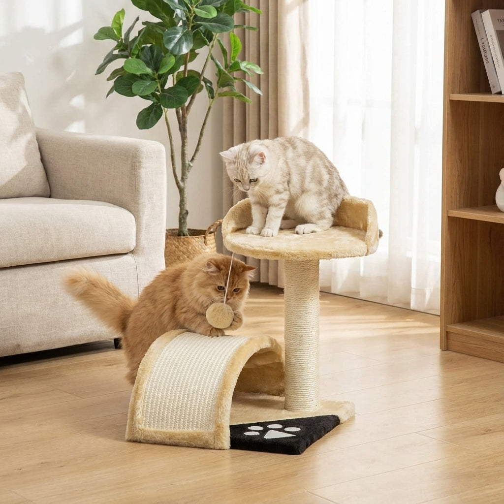 Petit arbre à chat beige 46 cm avec griffoir et poteau à gratter