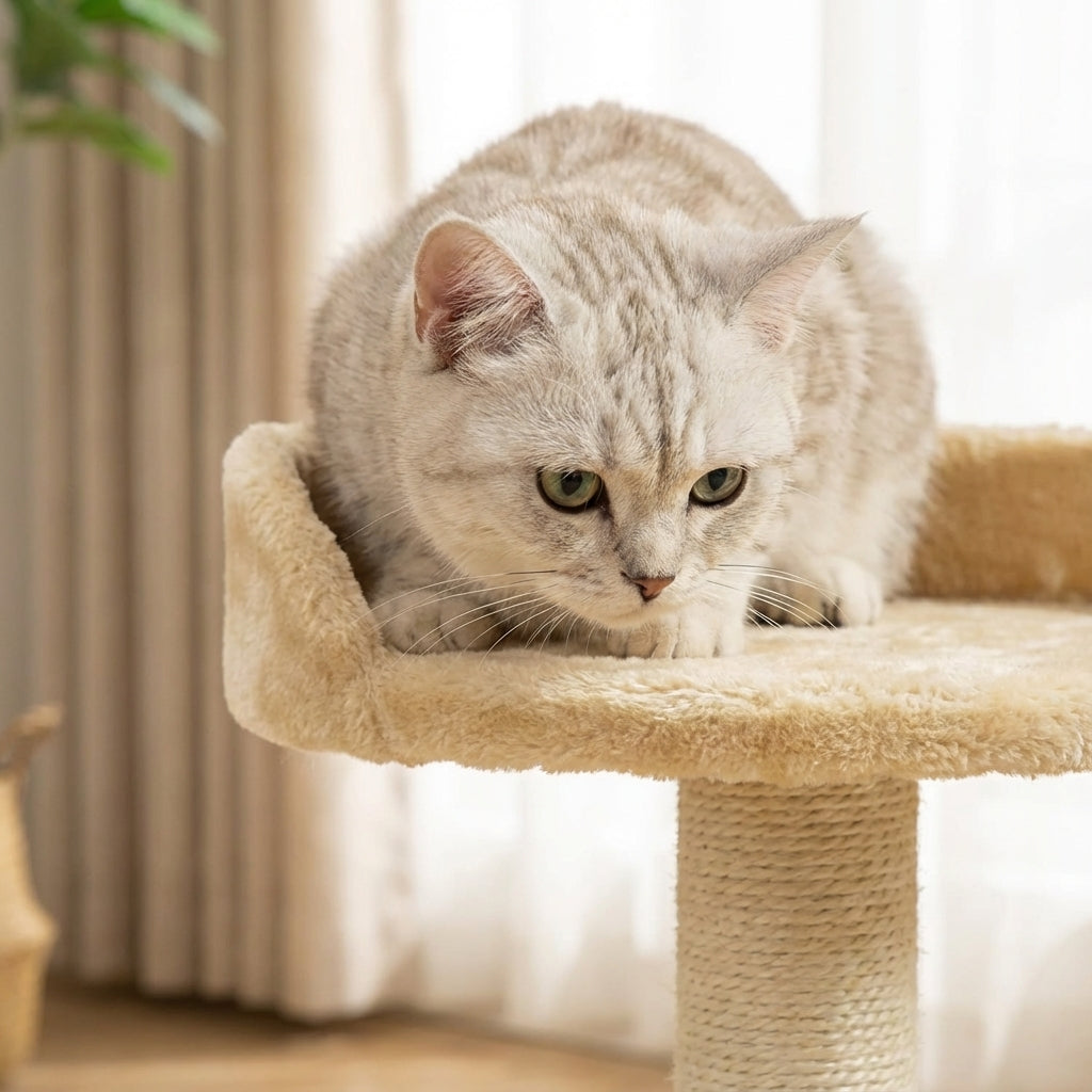 Petit arbre à chat beige 46 cm avec griffoir et poteau à gratter