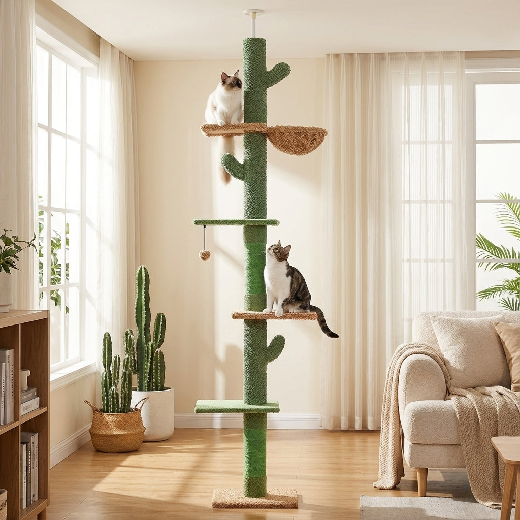 Arbre à chat vert hauteur réglable 229–275 cm avec hamac et griffoirs