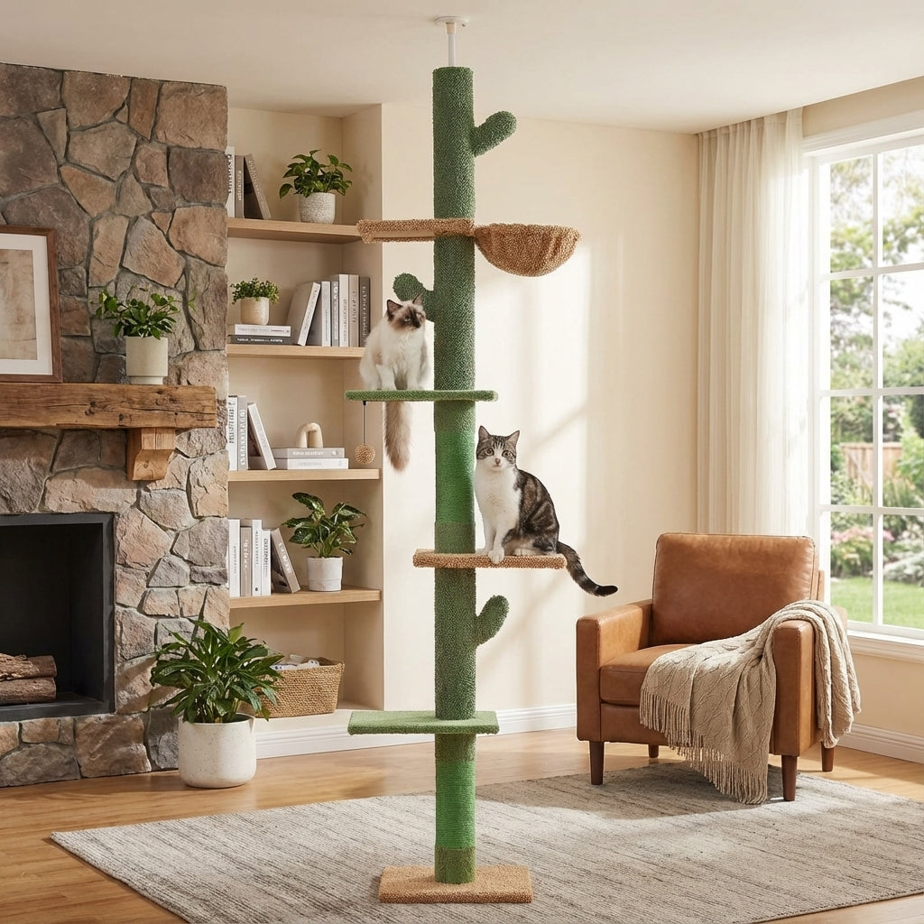 Arbre à chat vert hauteur réglable 229–275 cm avec hamac et griffoirs