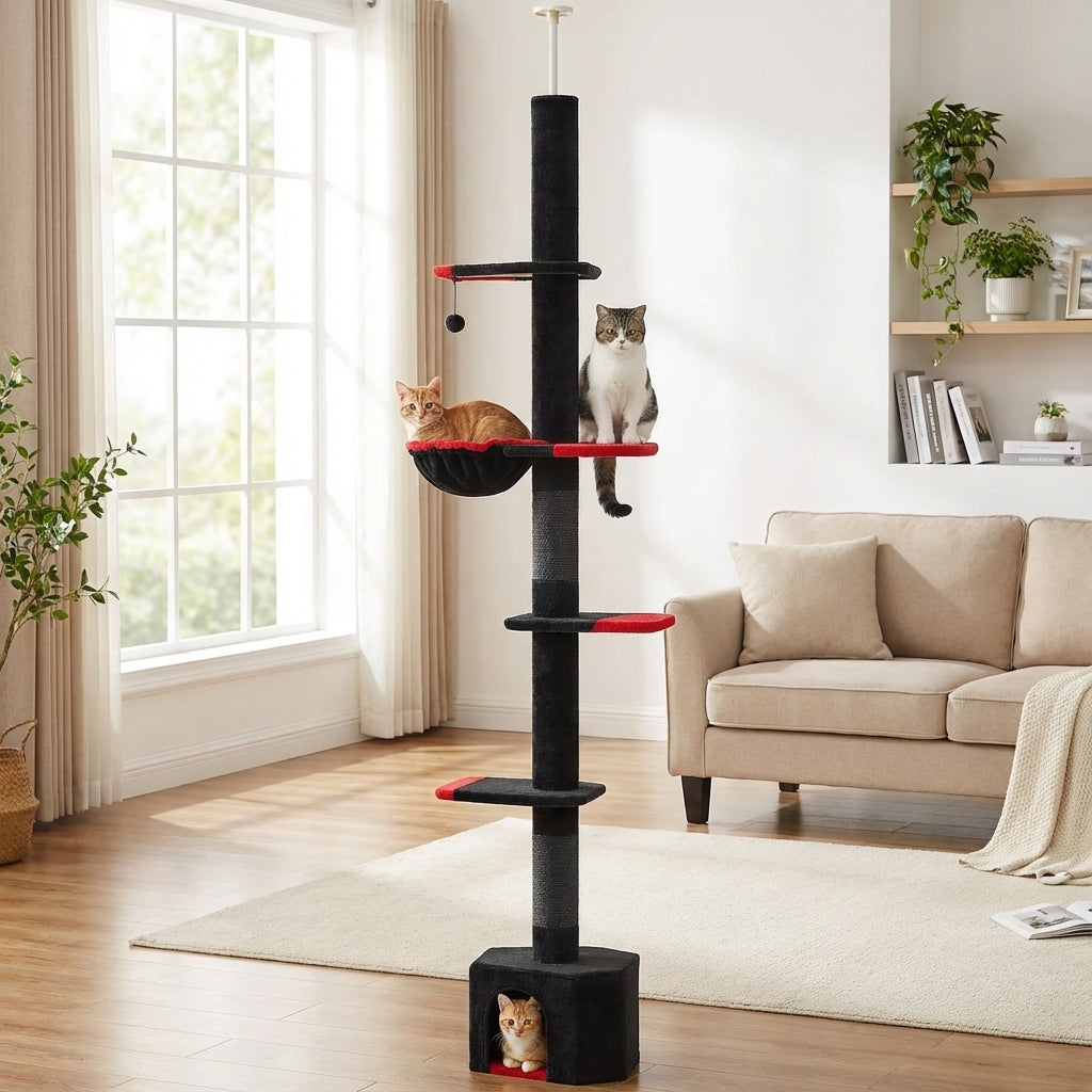 Arbre à chat noir réglable 264–304 cm avec hamac et griffoirs