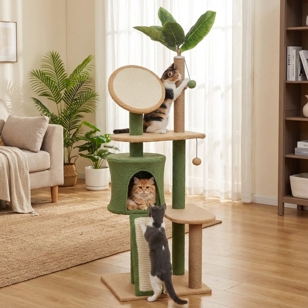 Arbre à chat vert style plante 139 cm avec niche, balle et poteaux à griffer