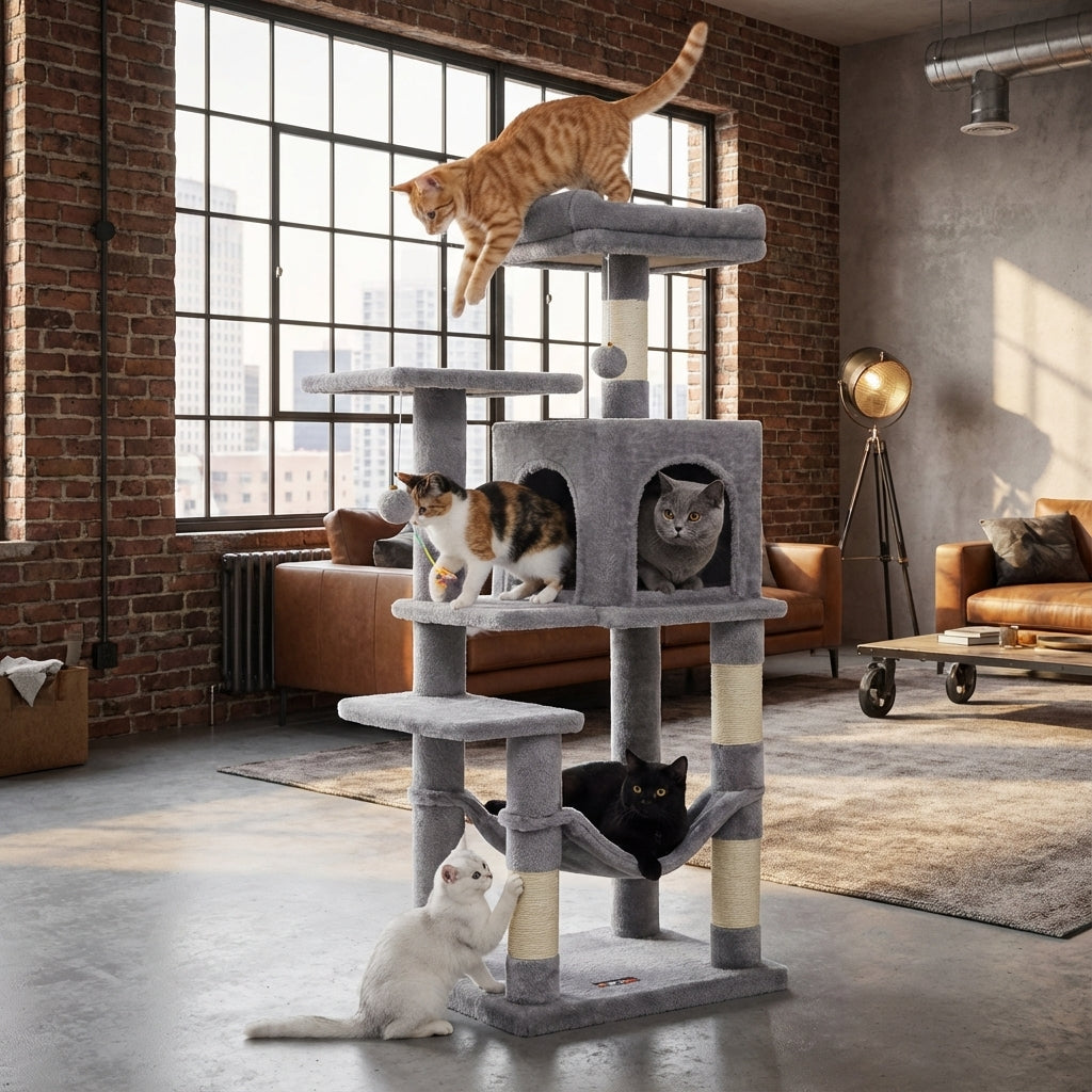 Arbre à chat gris 112 cm avec griffoirs, perchoirs et niche