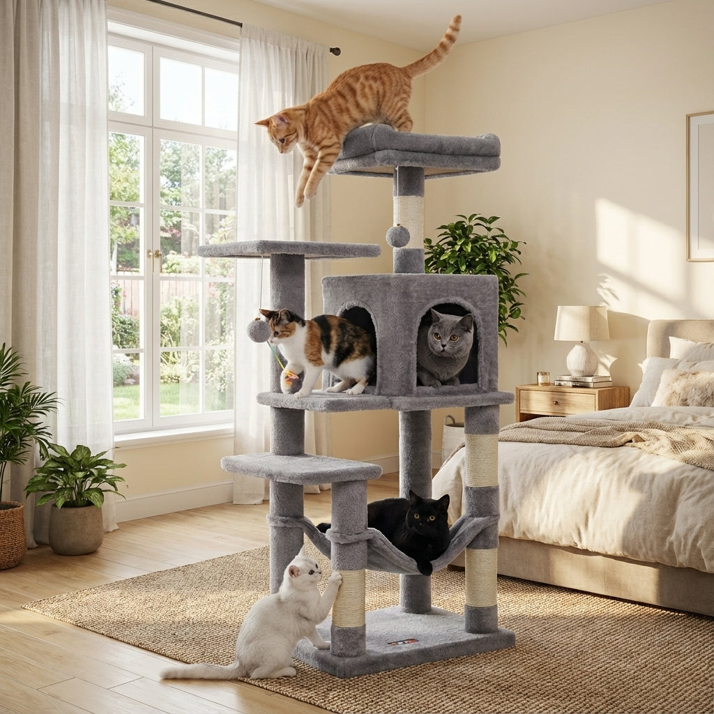 Arbre à chat gris 112 cm avec griffoirs, perchoirs et niche