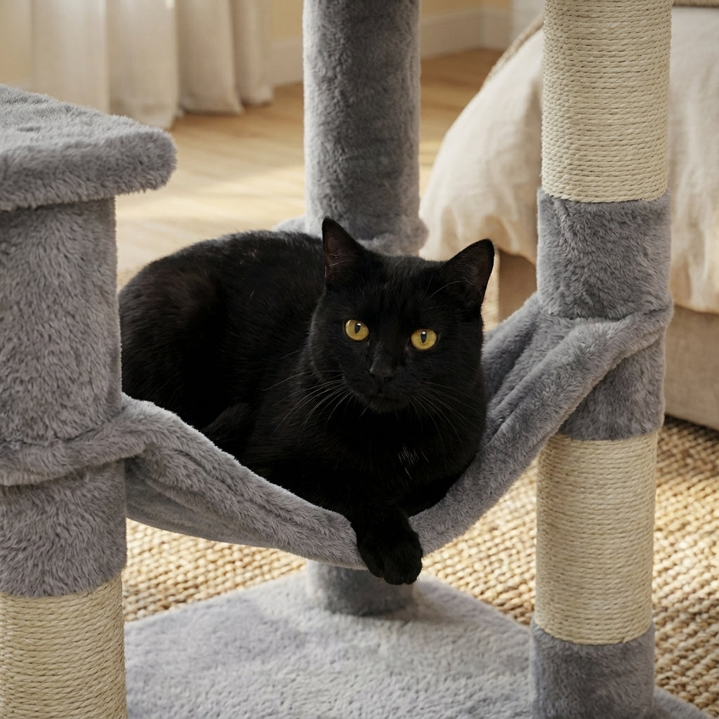 Arbre à chat gris 112 cm avec griffoirs, perchoirs et niche