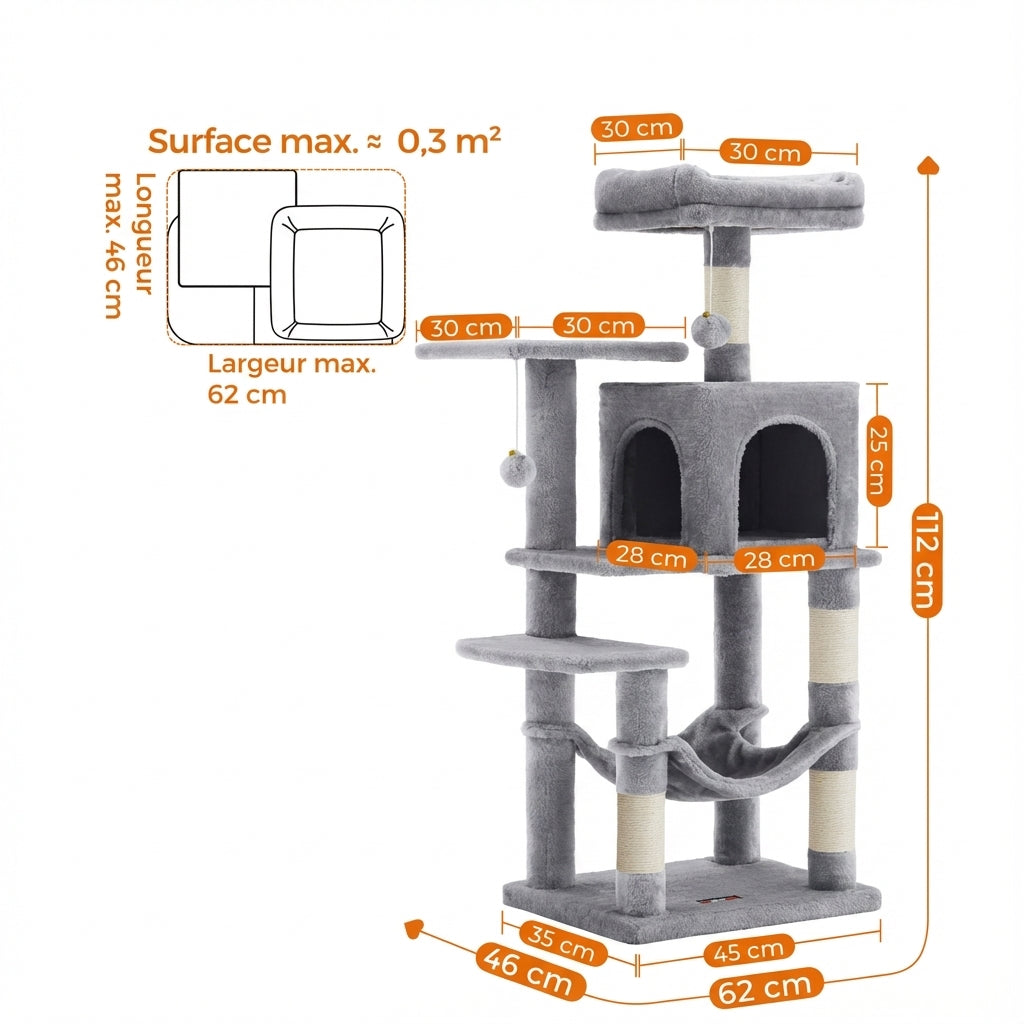 Arbre à chat gris 112 cm avec griffoirs, perchoirs et niche