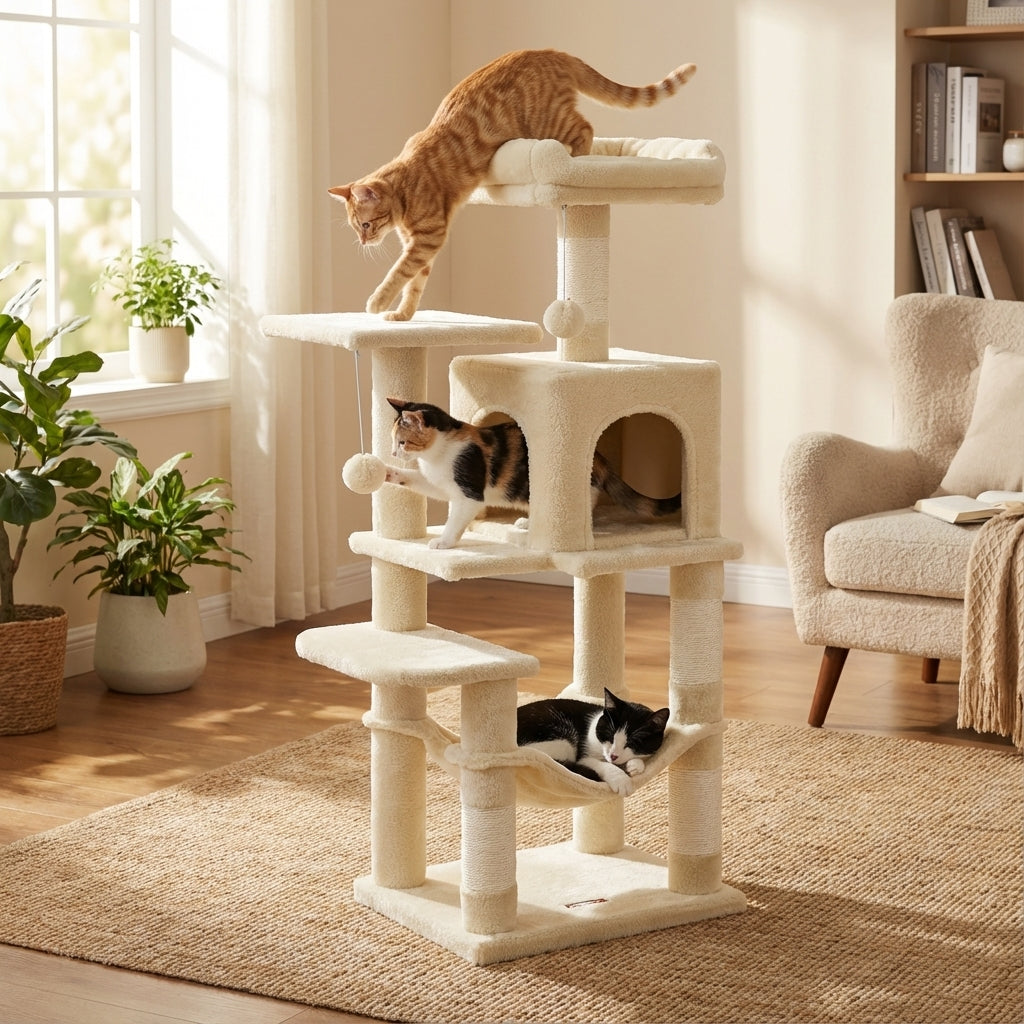 Arbre à chat beige 112 cm avec griffoirs, perchoirs et niche