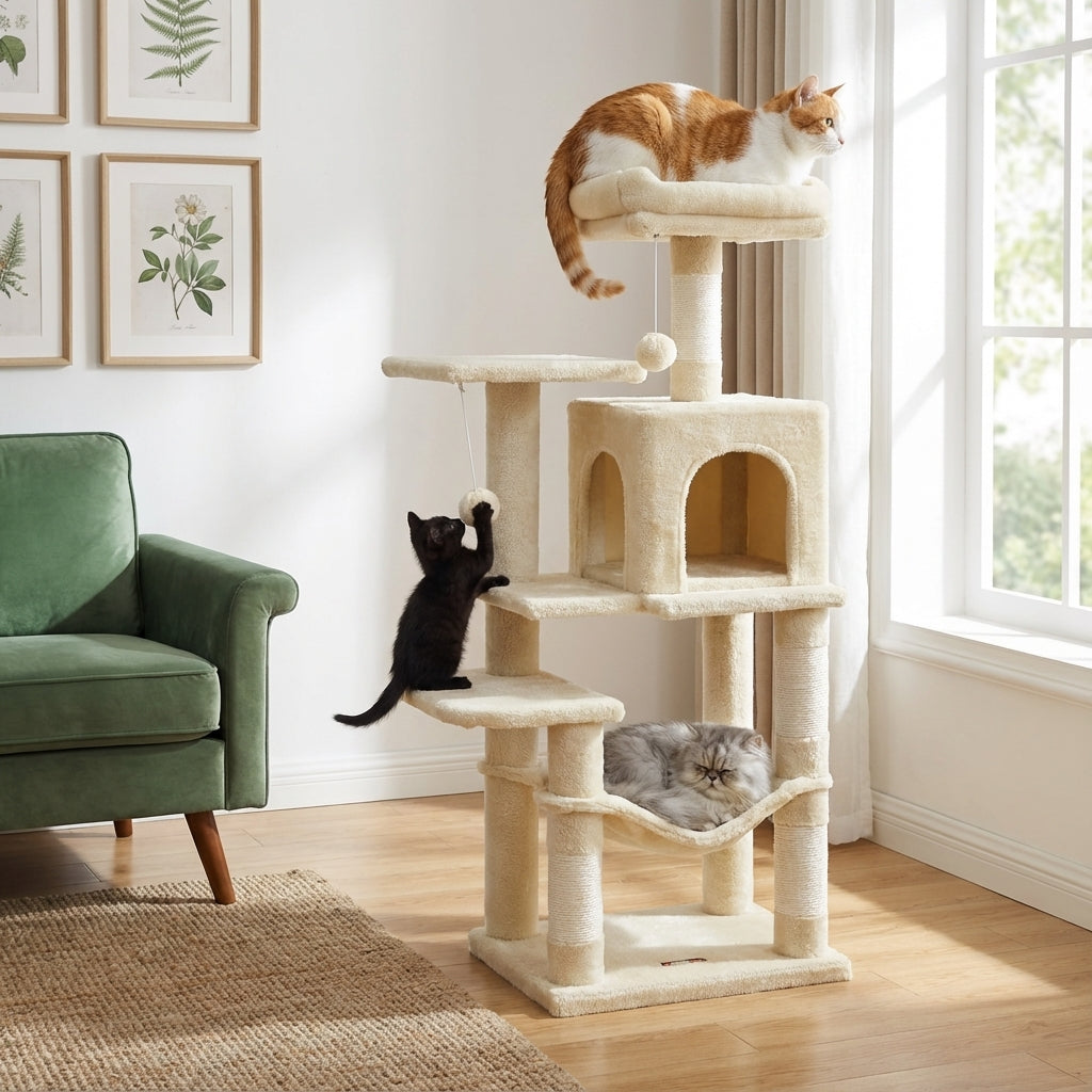 Arbre à chat beige 112 cm avec griffoirs, perchoirs et niche