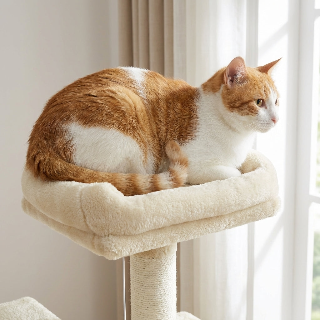 Arbre à chat beige 112 cm avec griffoirs, perchoirs et niche