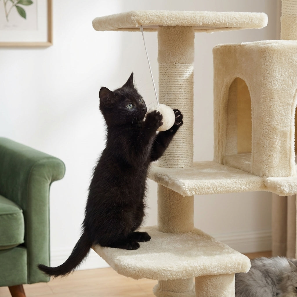 Arbre à chat beige 112 cm avec griffoirs, perchoirs et niche