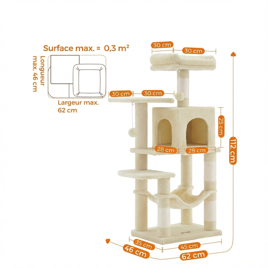 Arbre à chat beige 112 cm avec griffoirs, perchoirs et niche