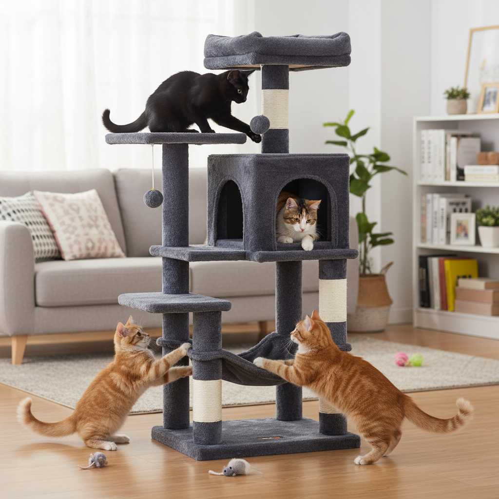 Arbre à chat noir 112 cm avec griffoirs, perchoirs et niche