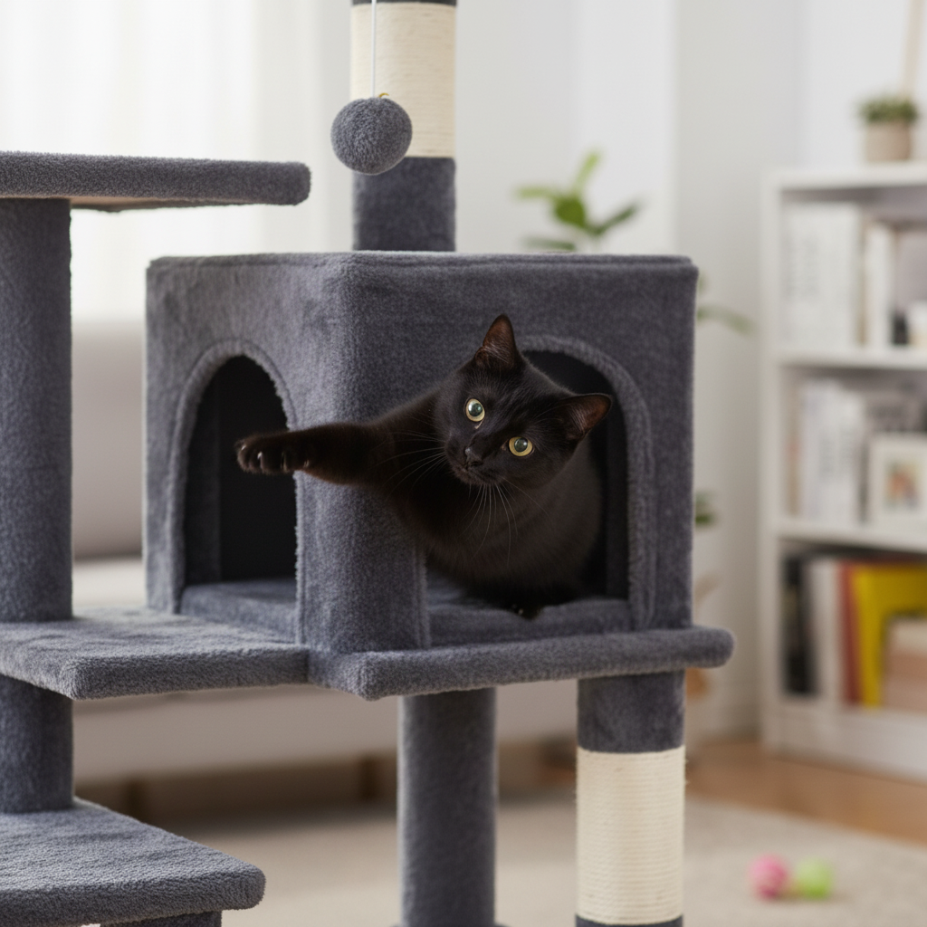 Arbre à chat noir 112 cm avec griffoirs, perchoirs et niche