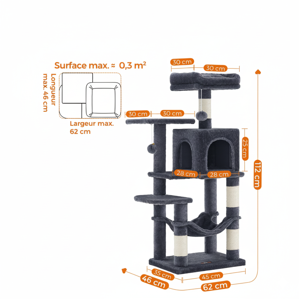 Arbre à chat noir 112 cm avec griffoirs, perchoirs et niche