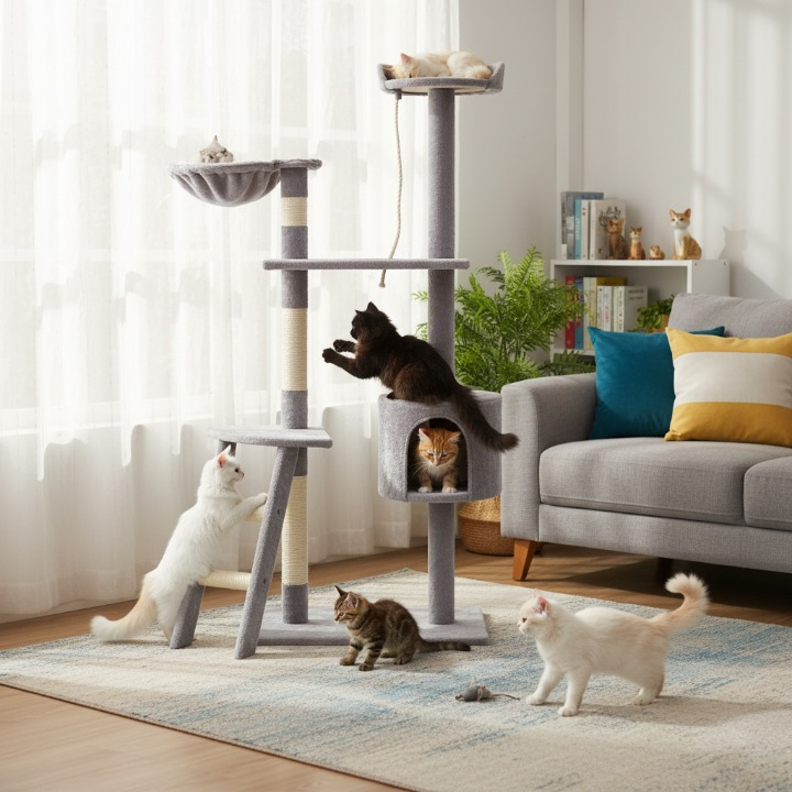 Arbre à chat gris 150 cm – sisal, hamac & plateformes