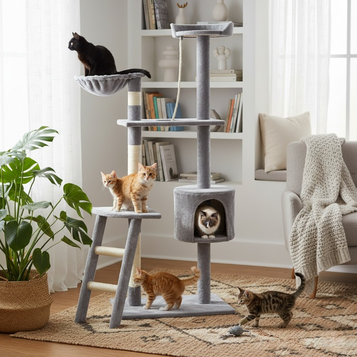 Arbre à chat gris 150 cm – sisal, hamac & plateformes