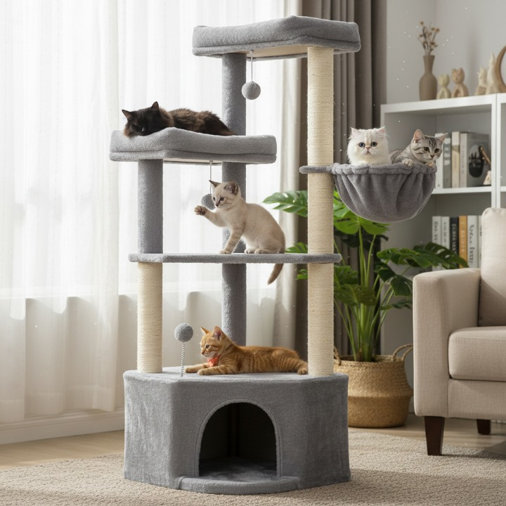 Arbre à chat gris 140 cm avec niche, hamac et plateaux