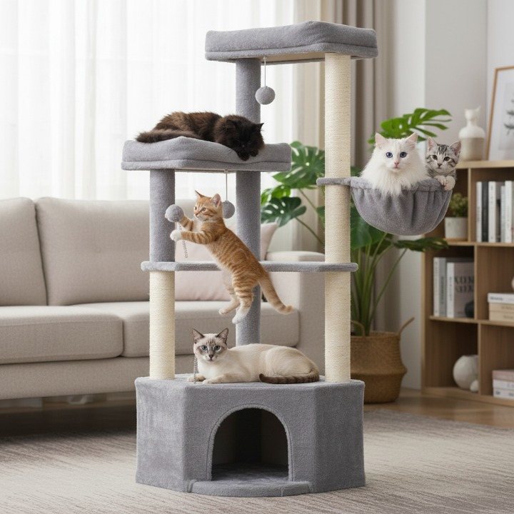 Arbre à chat gris 140 cm avec niche, hamac et plateaux