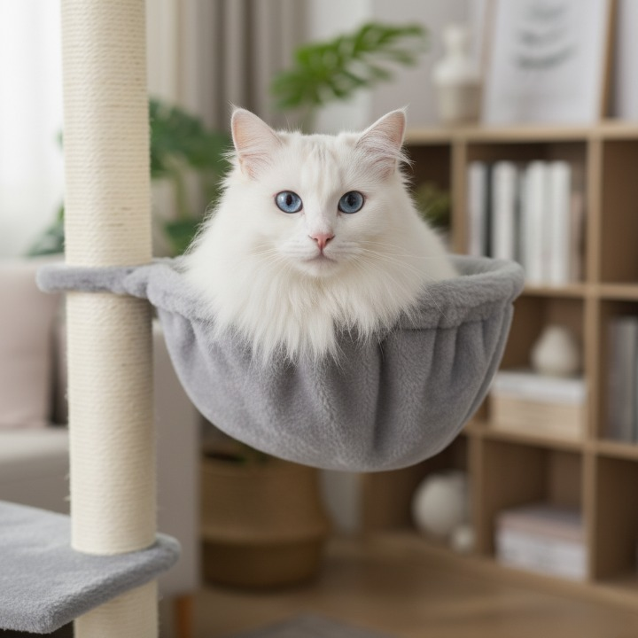 Arbre à chat gris 140 cm avec niche, hamac et plateaux