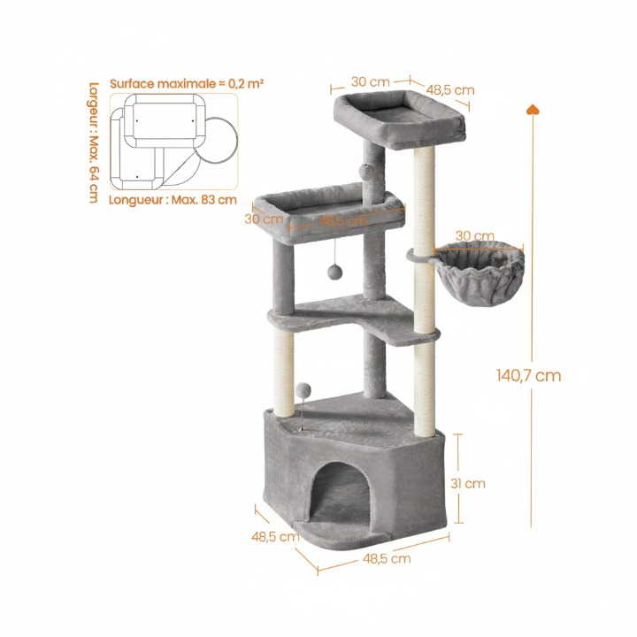 Arbre à chat gris 140 cm avec niche, hamac et plateaux