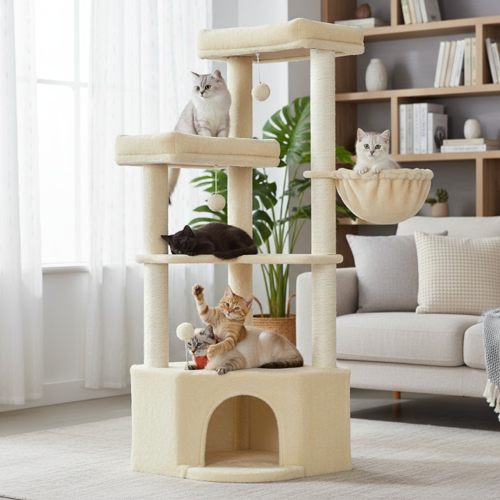 Arbre à chat beige 140 cm avec niche, hamac et plateaux