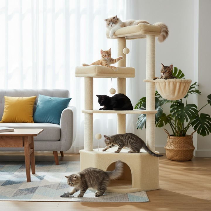 Arbre à chat beige 140 cm avec niche, hamac et plateaux