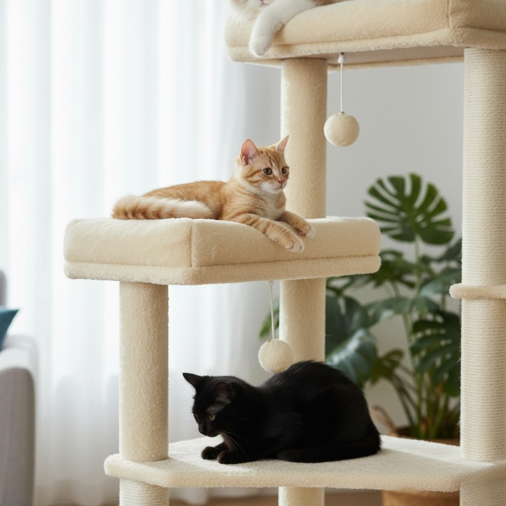Arbre à chat beige 140 cm avec niche, hamac et plateaux