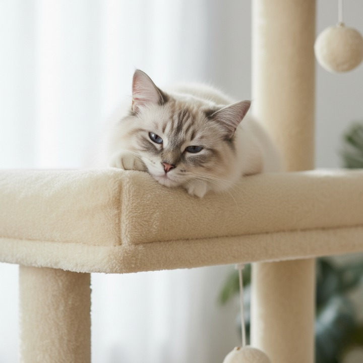 Arbre à chat beige 140 cm avec niche, hamac et plateaux